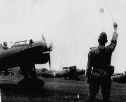 WWII Japanese soldier launching Zero plane